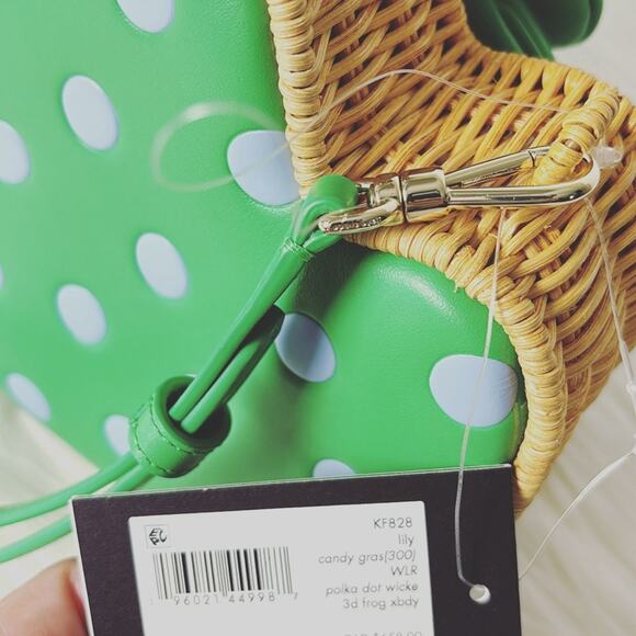 💃NWT Kate Spade Lily Polka Dot Wicker 3D Frog Crossbody/Green/Wicker-Leather - Picture 13 of 13